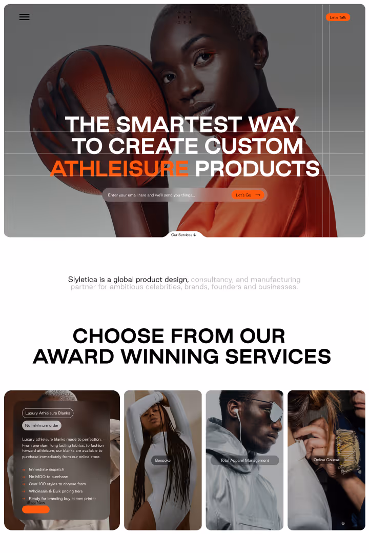 Website homepage featuring a woman holding a basketball with text promoting custom athleisure products and showcasing award-winning services including luxury athleisure blanks, bespoke, total apparel management, and online courses.