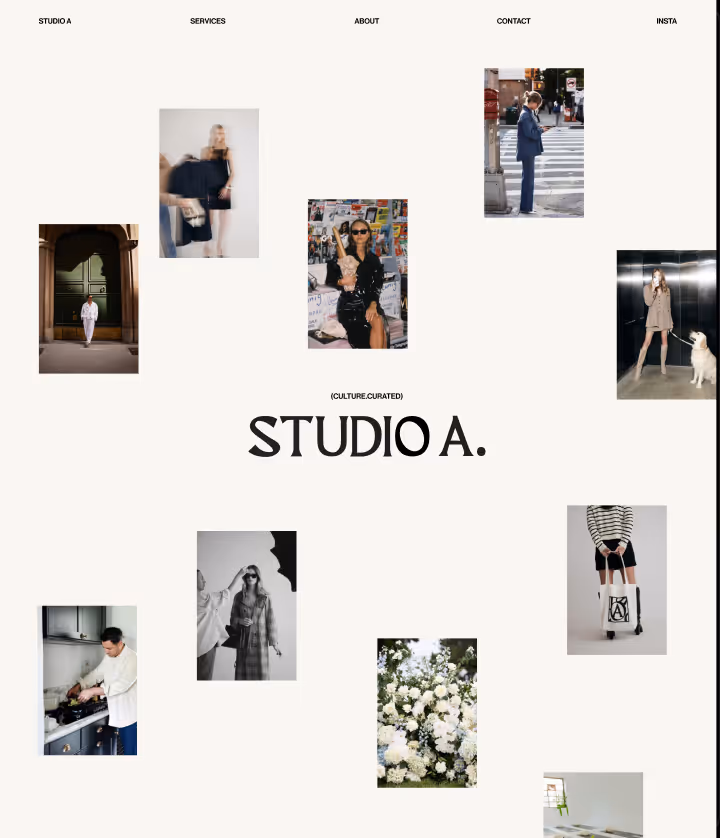 Website layout with a centered logo text 'STUDIO A.' surrounded by various lifestyle and fashion photos including people, flowers, and urban scenes.