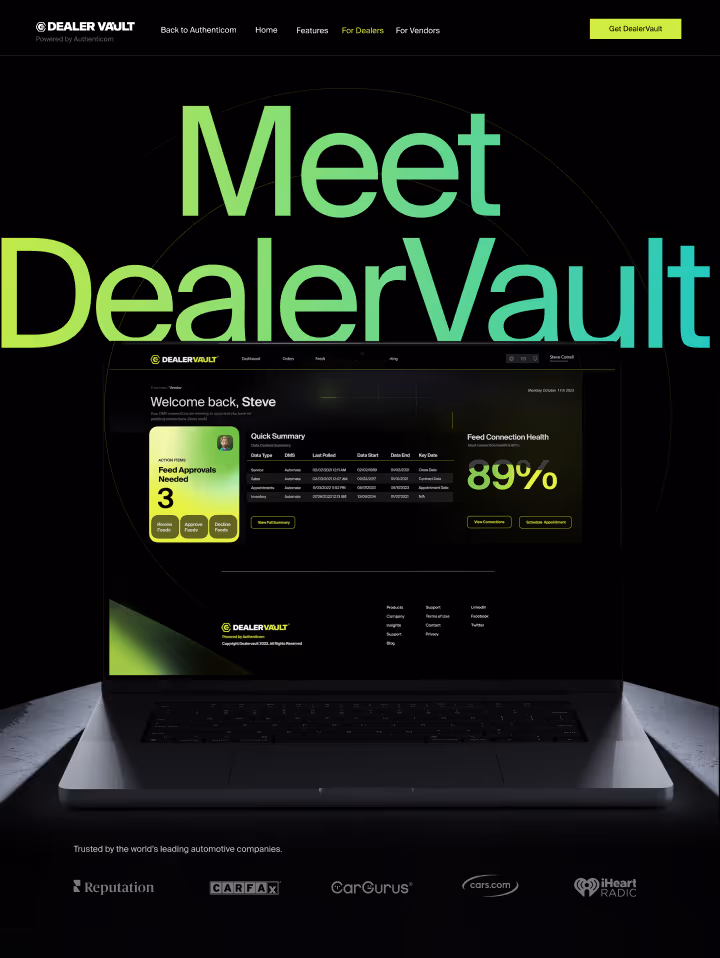 Laptop displaying DealerVault dashboard with data summaries and 89% feed connection health, against a black background with green text Meet DealerVault.