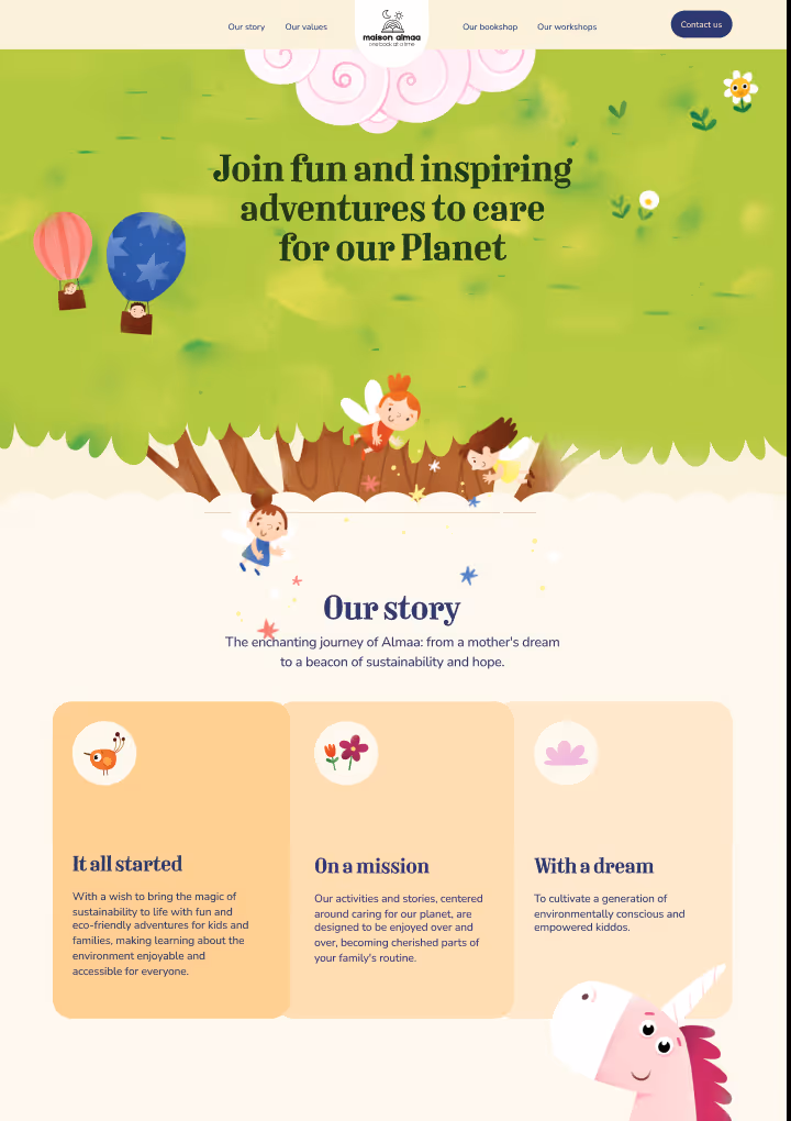 Illustrated webpage section with text about Almaa’s story and mission to foster sustainability, featuring children with wings, hot air balloons, and a smiling unicorn.