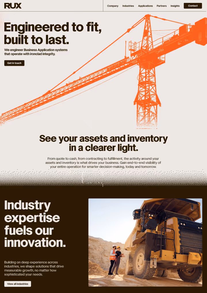 Orange construction crane illustration above text about engineered business application systems; photo of two people in safety vests standing near a large dump truck in a mining or construction site.