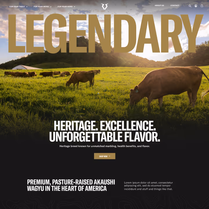 Cows grazing on a green pasture at sunset under a partly cloudy sky with large golden text 'LEGENDARY' and white text promoting premium pasture-raised Akaushi Wagyu beef.