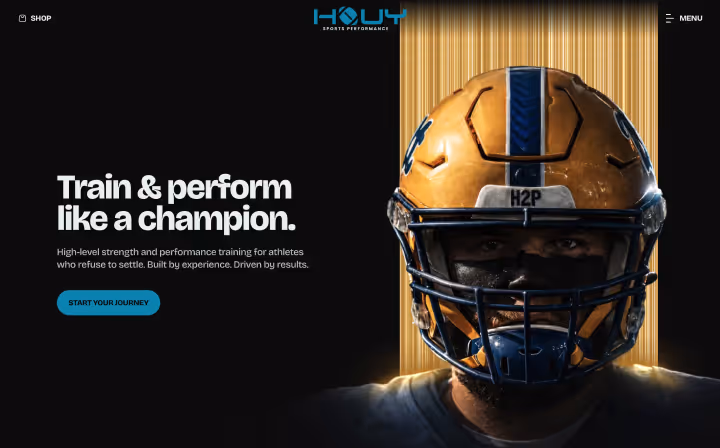 American football player wearing a yellow helmet with a focused expression, next to text promoting high-level strength and performance training.
