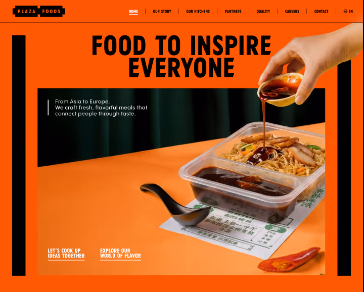 Hand pouring sauce over noodles and sliced meat in a plastic takeout container on an orange table with a black spoon and chili pepper nearby.