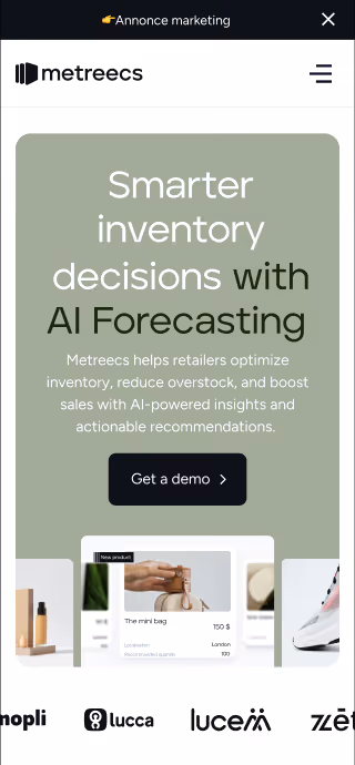 Mobile screen of Metreecs website showing AI Forecasting to help retailers optimize inventory and a button to get a demo.
