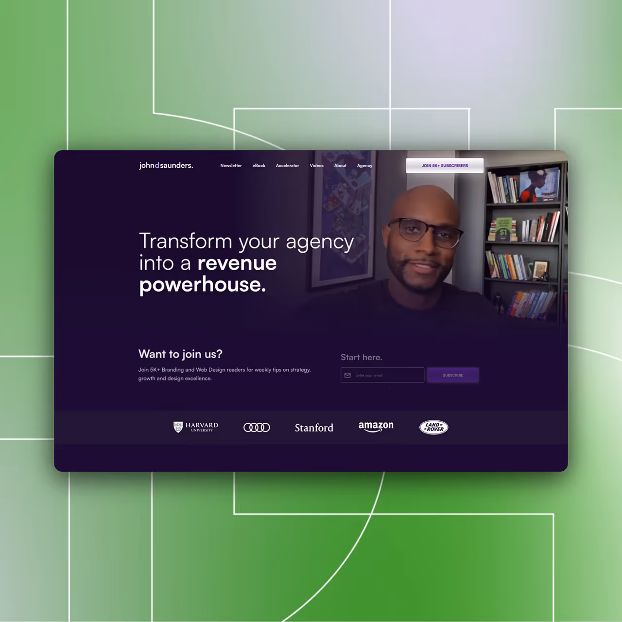 Website landing page featuring a man with glasses and a beard, text that reads 'Transform your agency into a revenue powerhouse,' and logos of Harvard University, Audi, Stanford, Amazon, and Land Rover.