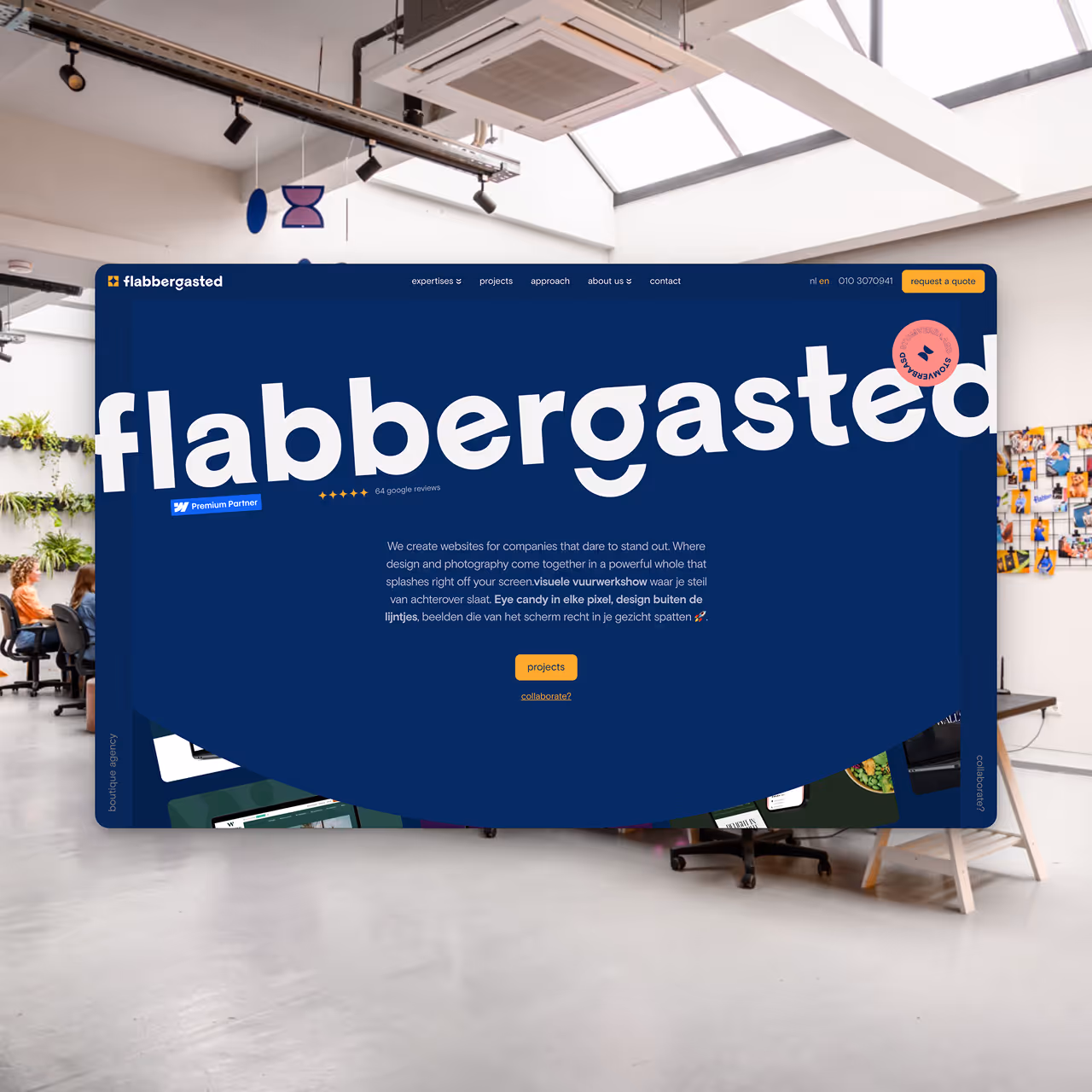 Homepage of Flabbergaasted website with bold logo text, navigation menu, and description about creating standout websites with design and photography.