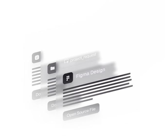 Stacked translucent UI cards showing a Figma Design file labeled 'project_request' with a button reading 'Open Source File'.