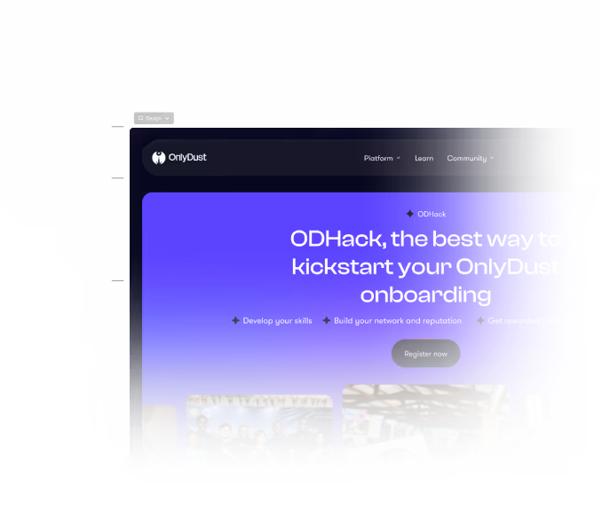 OnlyDust web page featuring ODHack onboarding with a purple background and call to action to register now.