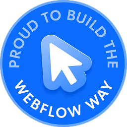 Blue circular badge with a white cursor icon in the center and text reading 'Proud to build the Webflow way' around the edge.