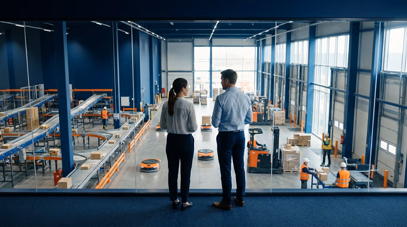Two people overlook a warehouse with workers, automation and conveyor belts from a glass balcony.