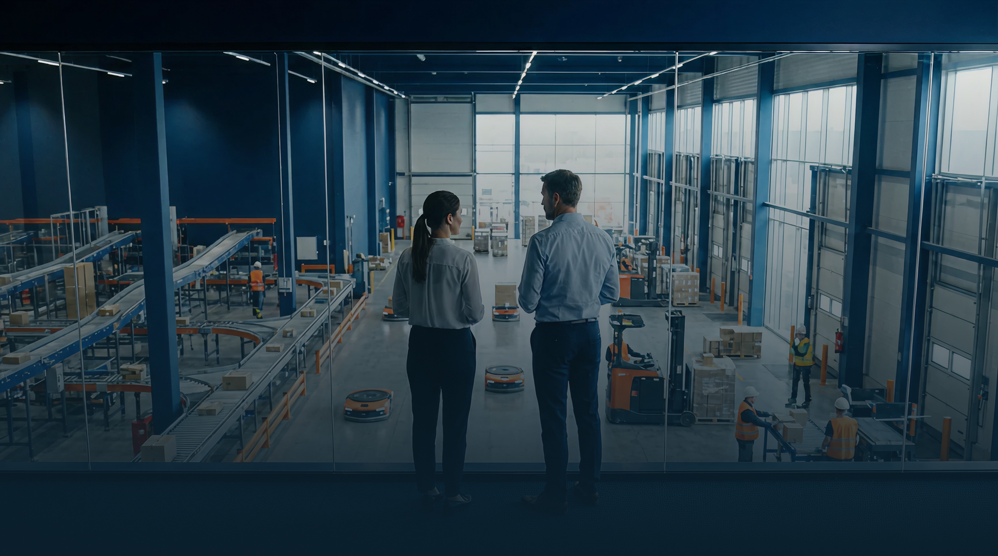Twee personen kijken vanuit een glazen balkon uit op een magazijn met werkers, automatisering en transportbanden.