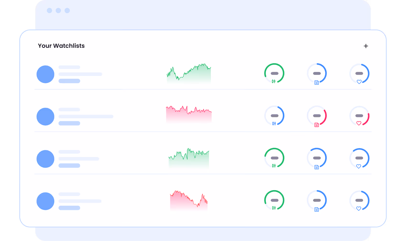 Dashboard showing four watchlist items with profile icons, green or red line graphs, and circular progress indicators.