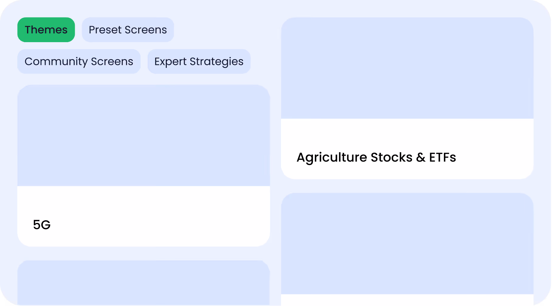 UI showing categories: Themes selected, preset screens, community screens, expert strategies, with 5G and agriculture stocks.