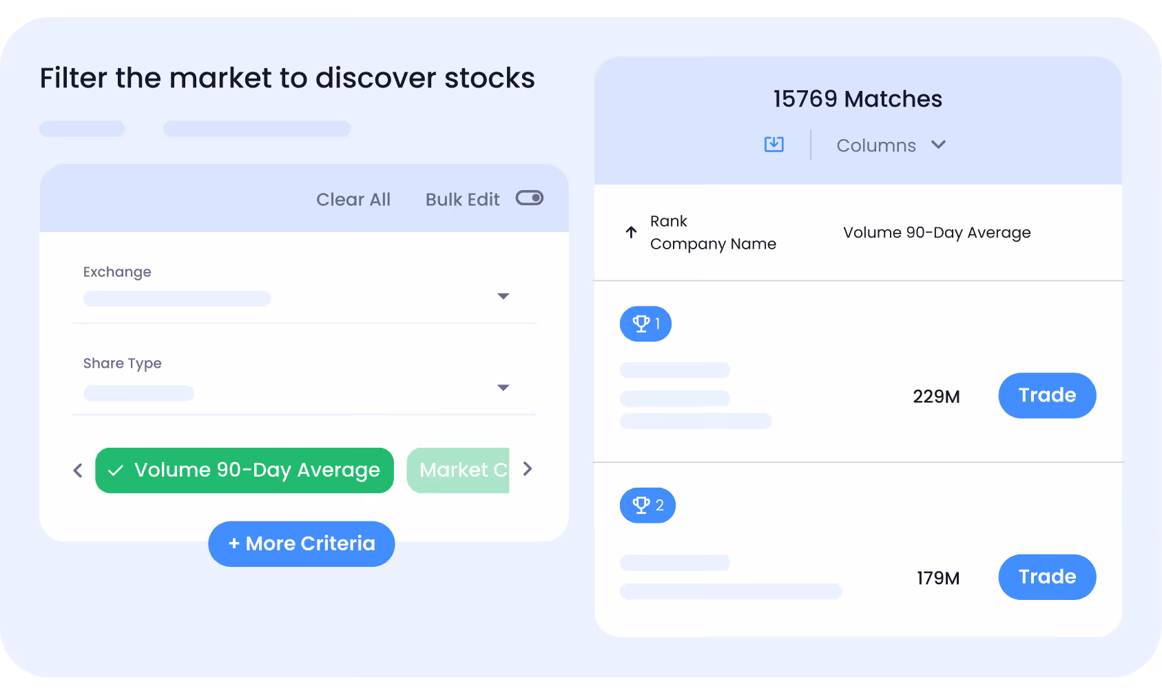Stock filter interface with options for exchange, share type, and volume, showing 15769 matches to trade.