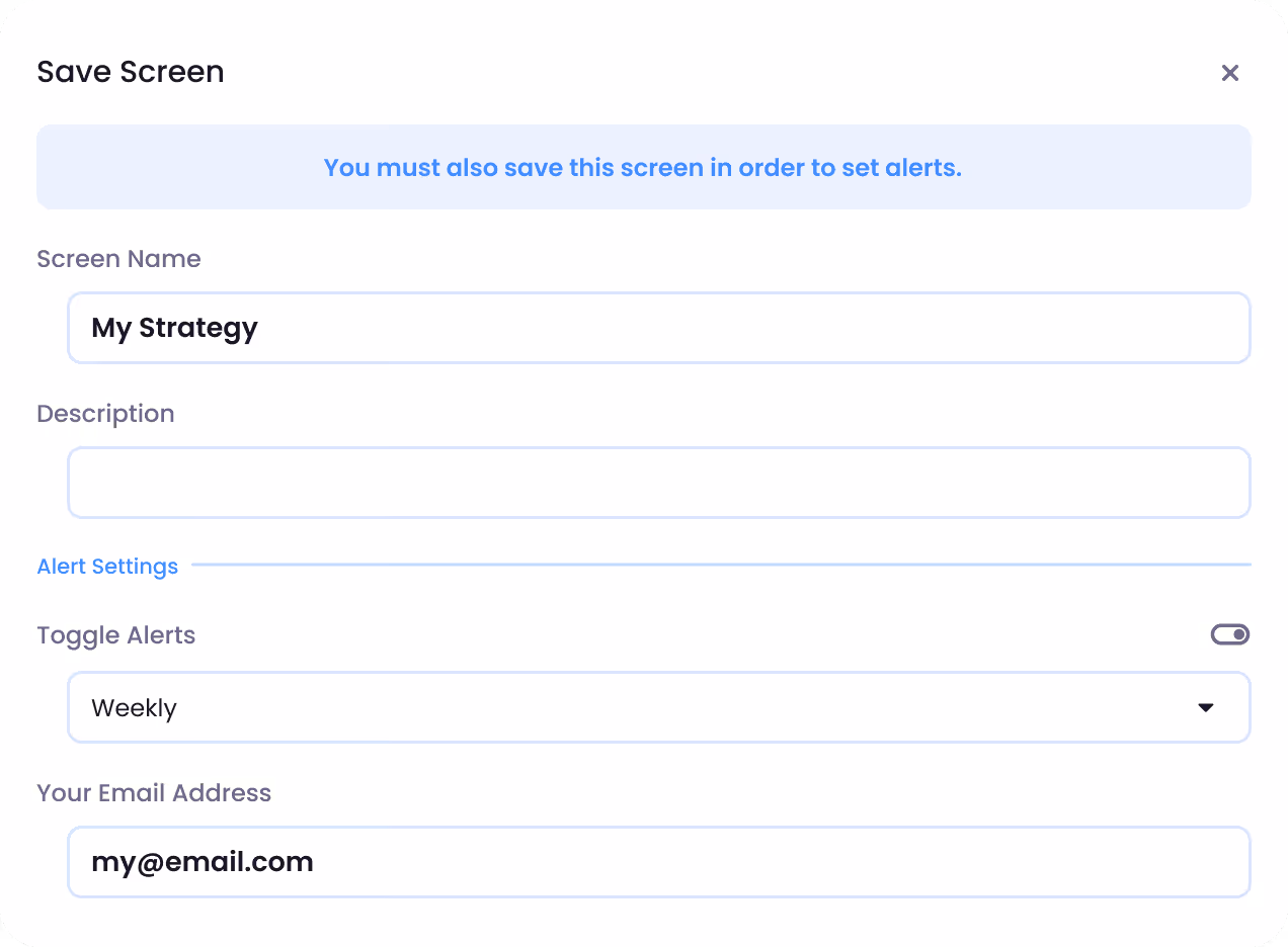 Save screen form with fields for screen name, description, alert toggle, frequency dropdown, and email input.