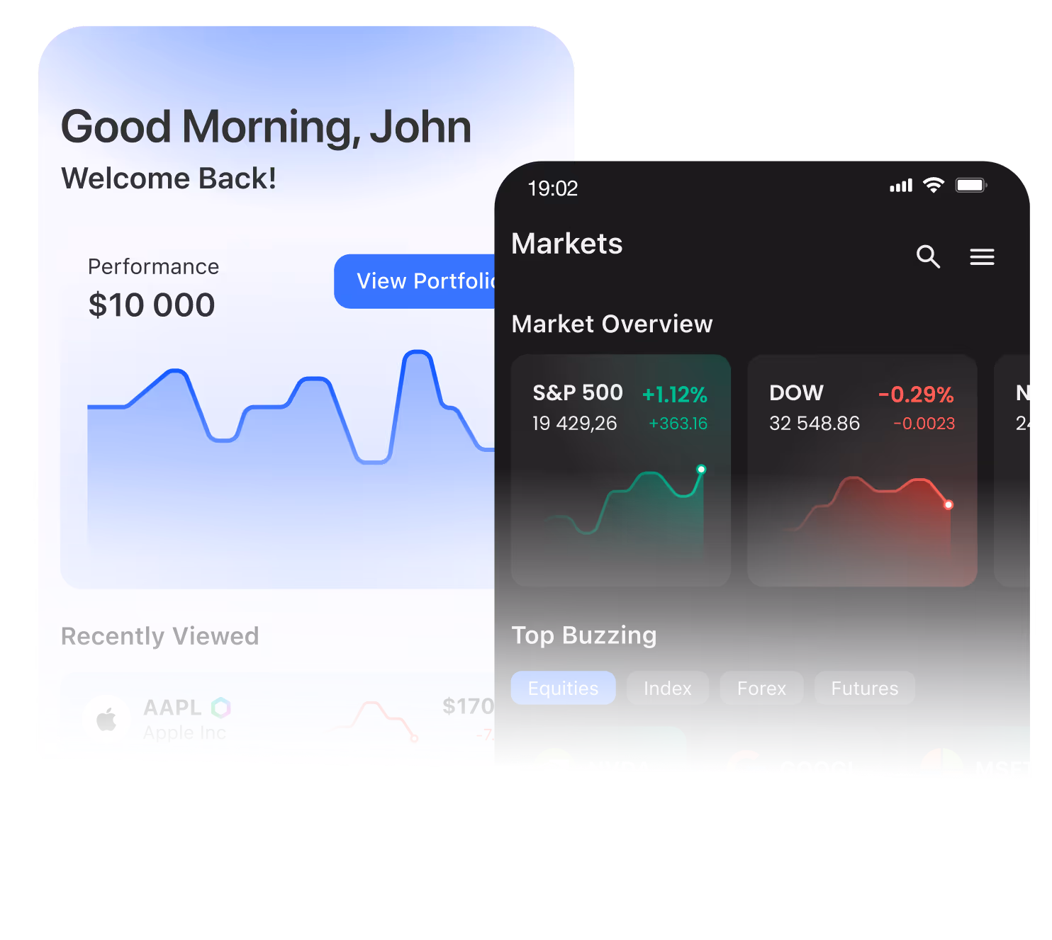 Mobile app screens showing stock portfolio value, performance graph, and market overview with indices and trends.