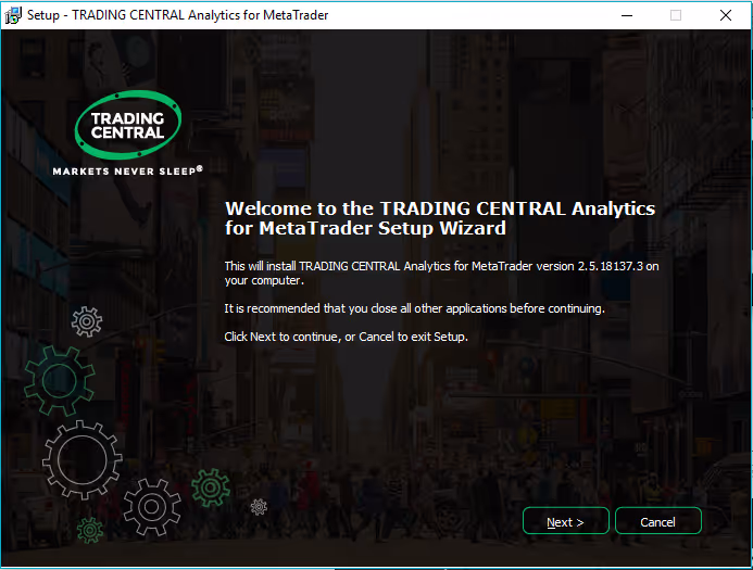 Setup screen for TRADING CENTRAL Analytics for MetaTrader with Next and Cancel buttons.