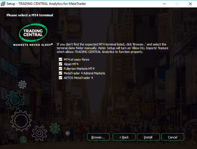 Setup screen for TRADING CENTRAL Analytics with MT4 terminal selection checkboxes and install options.