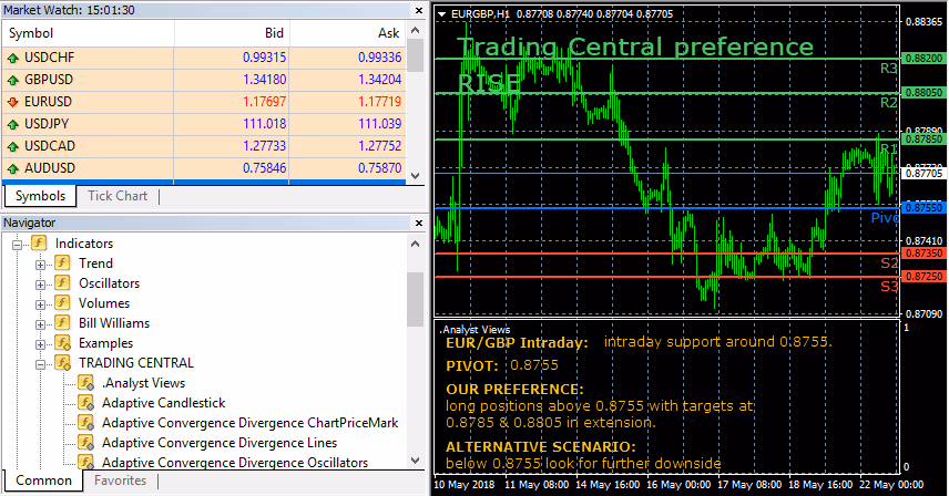 Trading platform screen showing EUR/GBP intraday chart, pivot points, and market watch for currency pairs.