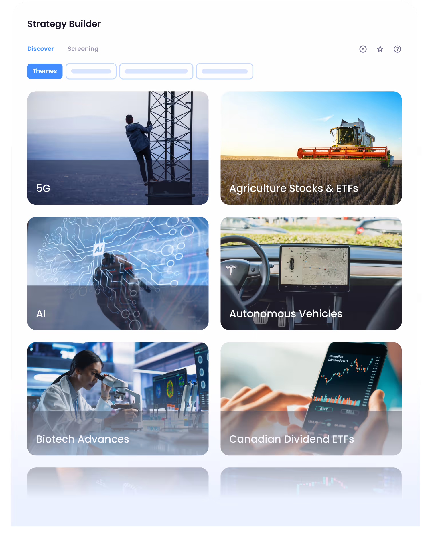 Strategy Builder interface showing themes like 5G, Agriculture, AI, Autonomous Vehicles, Biotech, and Canadian Dividend ETFs.