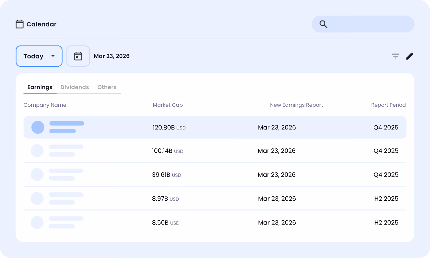 Calendar interface showing earnings reports for five companies on March 23, 2026, with market caps and report periods.