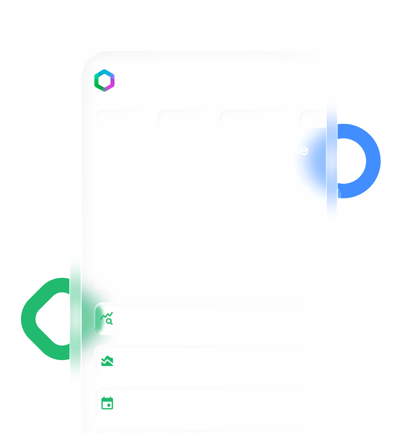 Mobile app screen with three green icons for analytics.