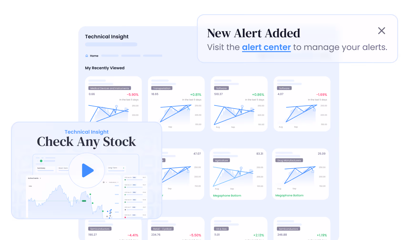 Dashboard showing stock price charts, a pop-up alert about new alerts, and a video play button for checking stocks tutorial.