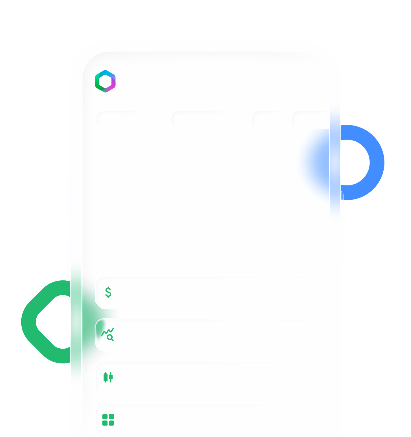 Stylized illustration of a mobile phone with a white screen and green and blue handles on each side.