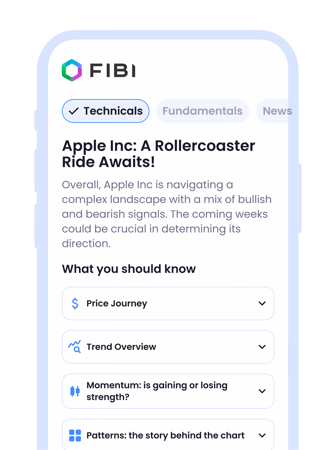 FIBI mobile screen showing Apple Inc analysis with sections on price, trend, momentum, and patterns.