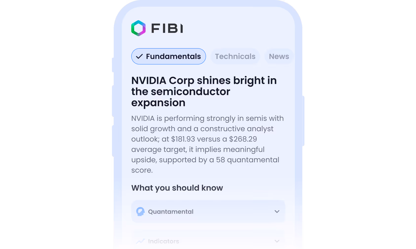 FIBI app screen showing NVIDIA Corp strong semiconductor growth and analyst outlook with quantamental score.