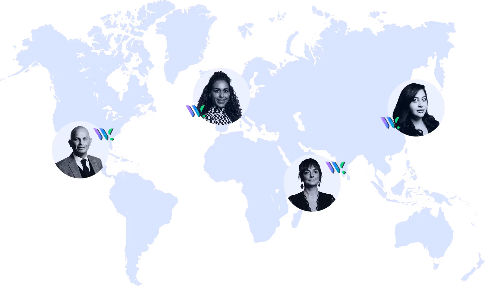 World map with headshot photos of four experts positioned over different continents.