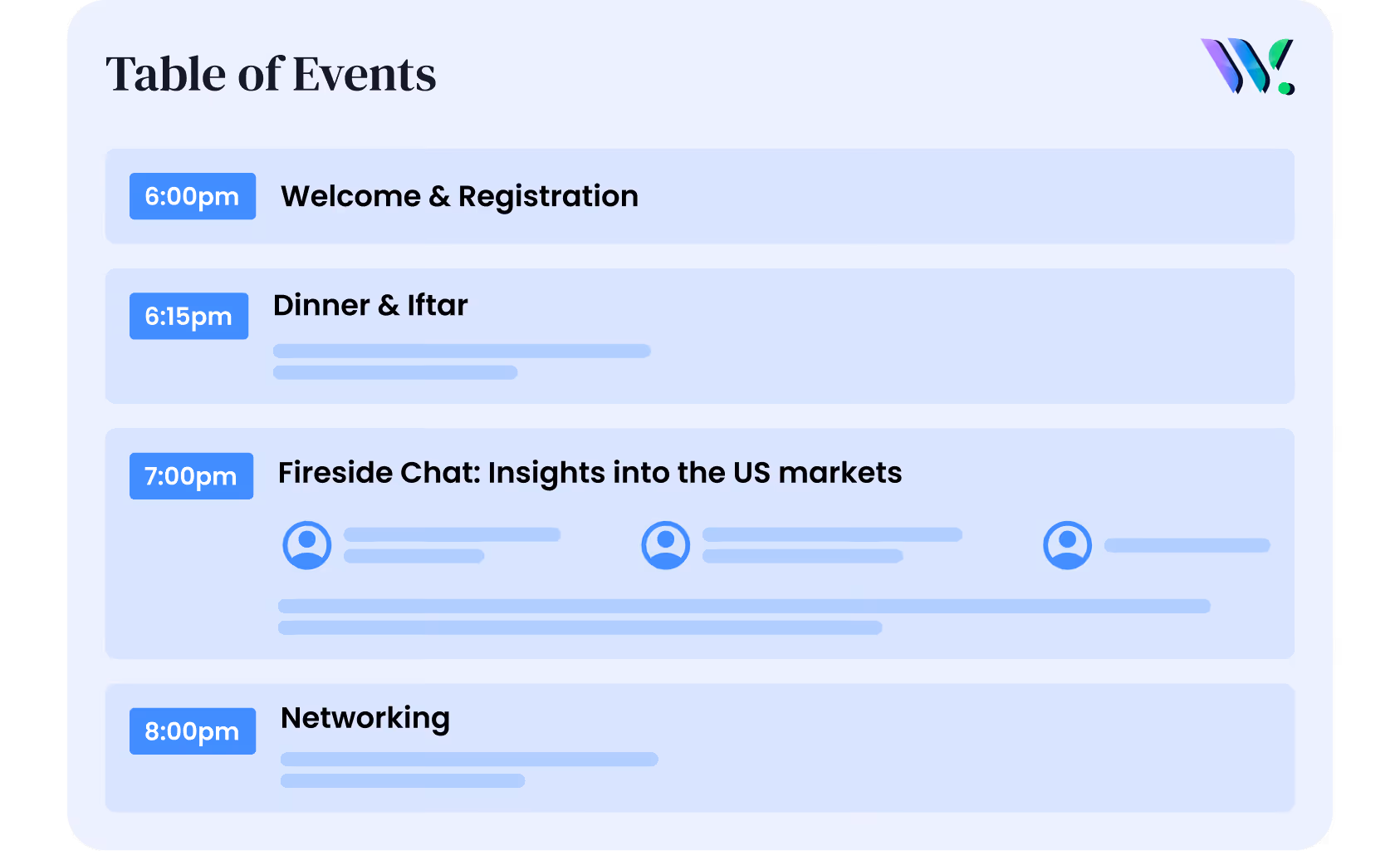 Event schedule listing welcome at 6pm, dinner at 6:15pm, US markets chat at 7pm, and networking at 8pm.
