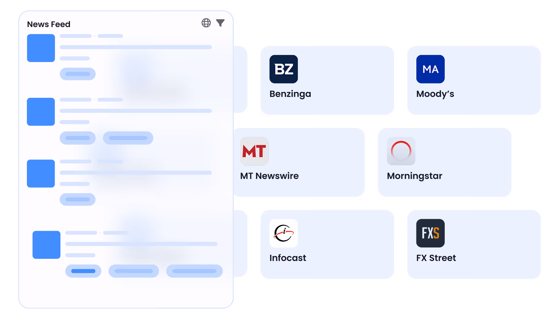 News feed interface with logos of Benzinga, Moody's, MT Newswire, Morningstar, Infocast, and FX Street.