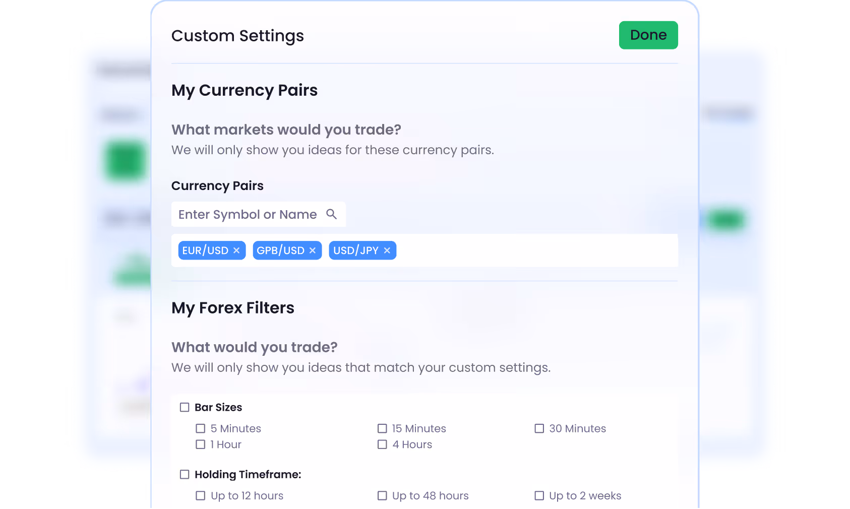 Custom settings panel with selected currency pairs and options to filter forex trading by bar sizes and holding timeframe.
