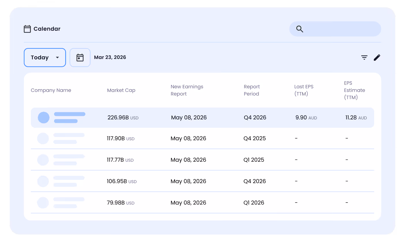Dashboard table showing company market caps, new earnings report dates, report periods, and EPS values dated Mar 23, 2026.
