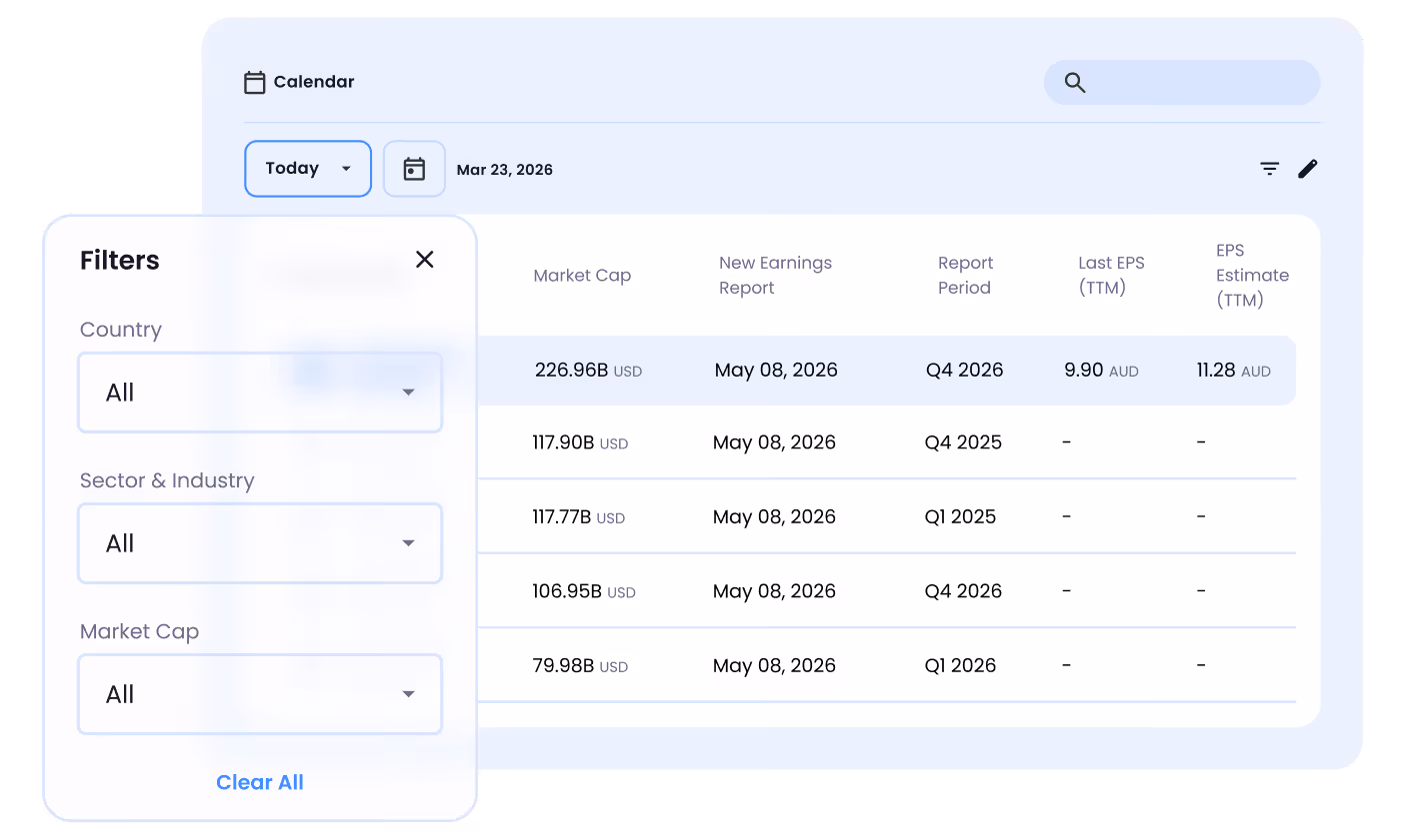 Calendar interface showing stock filters and report dates with market cap and EPS estimates.