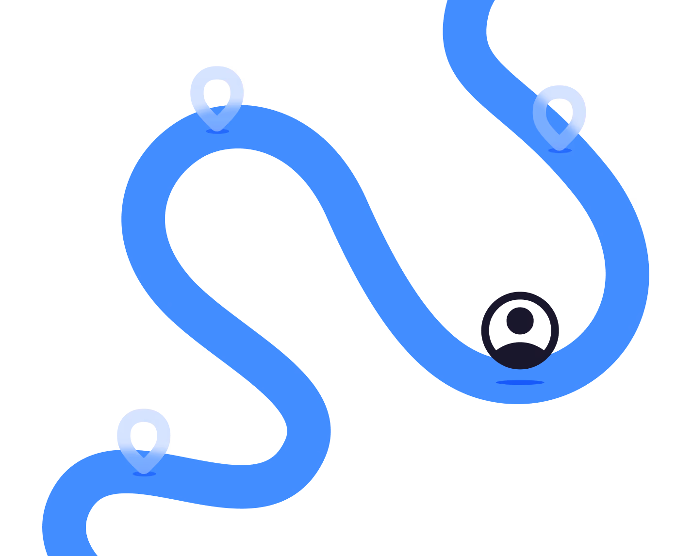 Blue path with map pins and a user with represents the investor journey