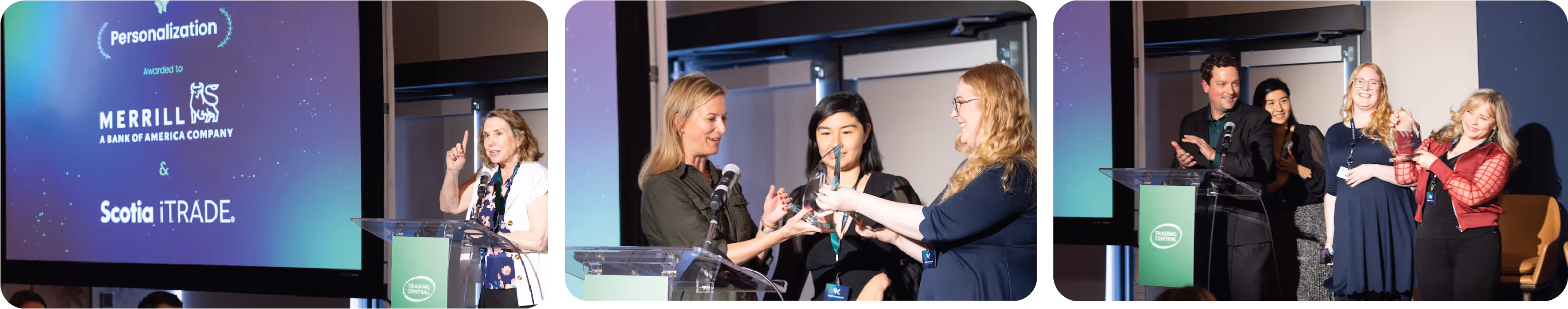Theresa Carey presenting the Personalization Awards to Merrill Edge and ScotiaiTrade' person accepting award and people clapping