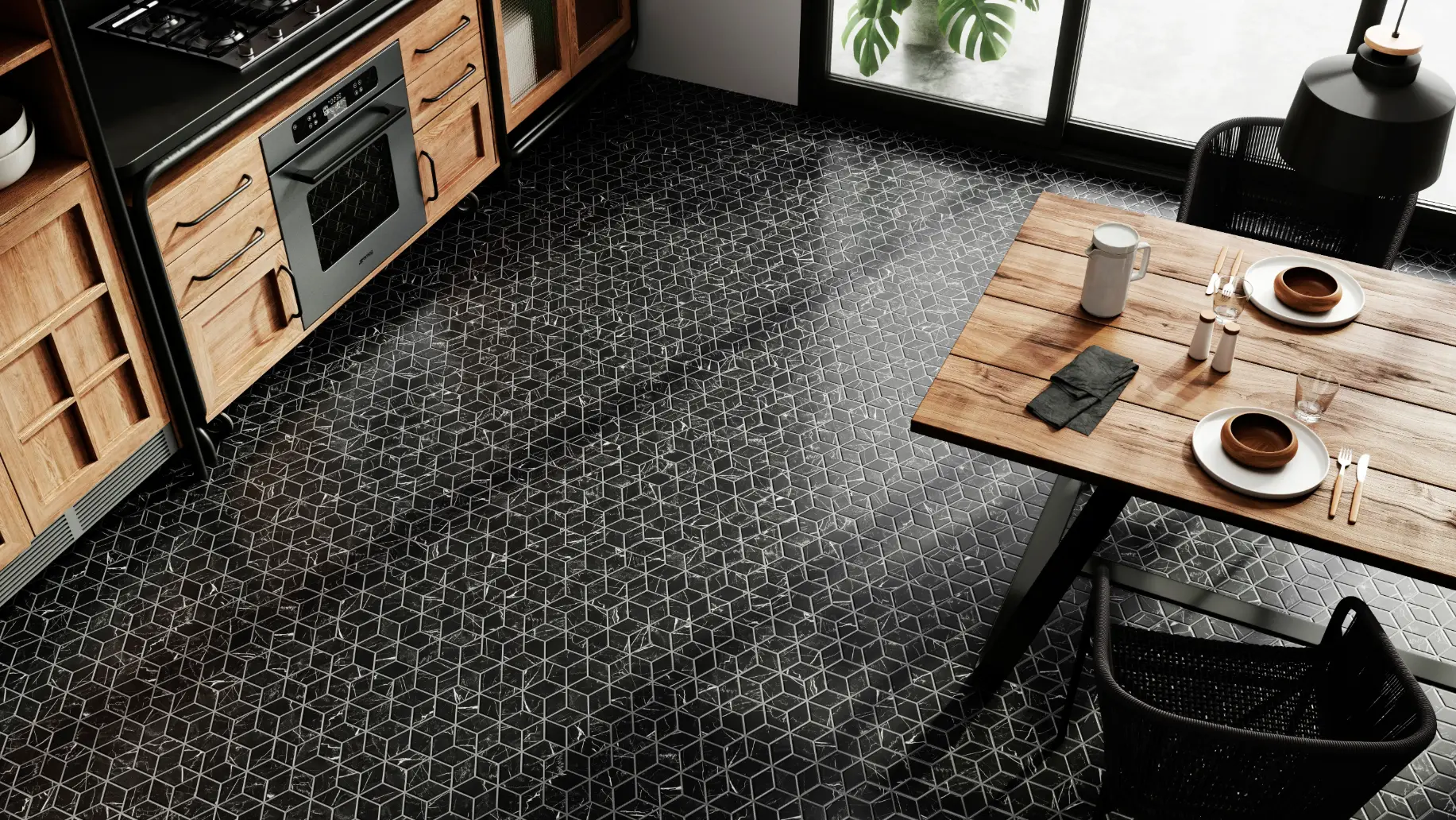 Moderna jedilnica z vrhunsko temno geometrijsko keramiko - Antracit inženiring