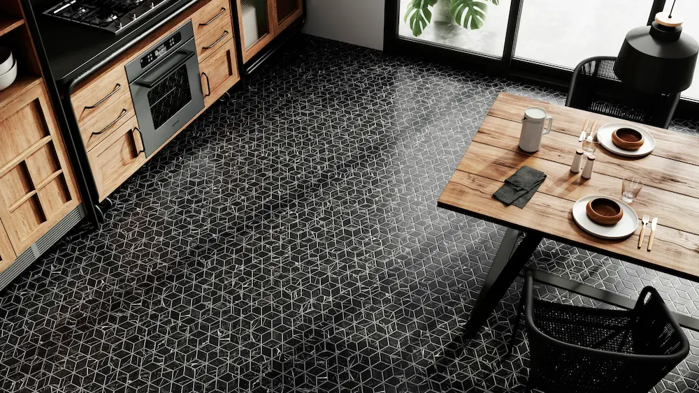 Moderna jedilnica z vrhunsko temno geometrijsko keramiko - Antracit inženiring