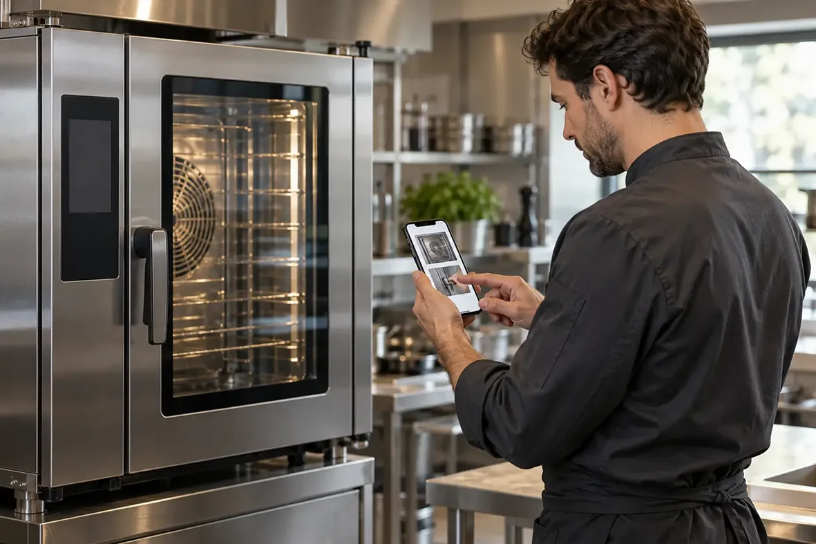 Mitarbeiter in einer Großküche nutzt ein Smartphone am gewerblichen Backofen