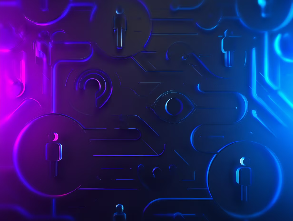 Abstract digital background with neon blue and purple lighting highlighting icons of people, an eye, and an ear connected by circuit-like lines.