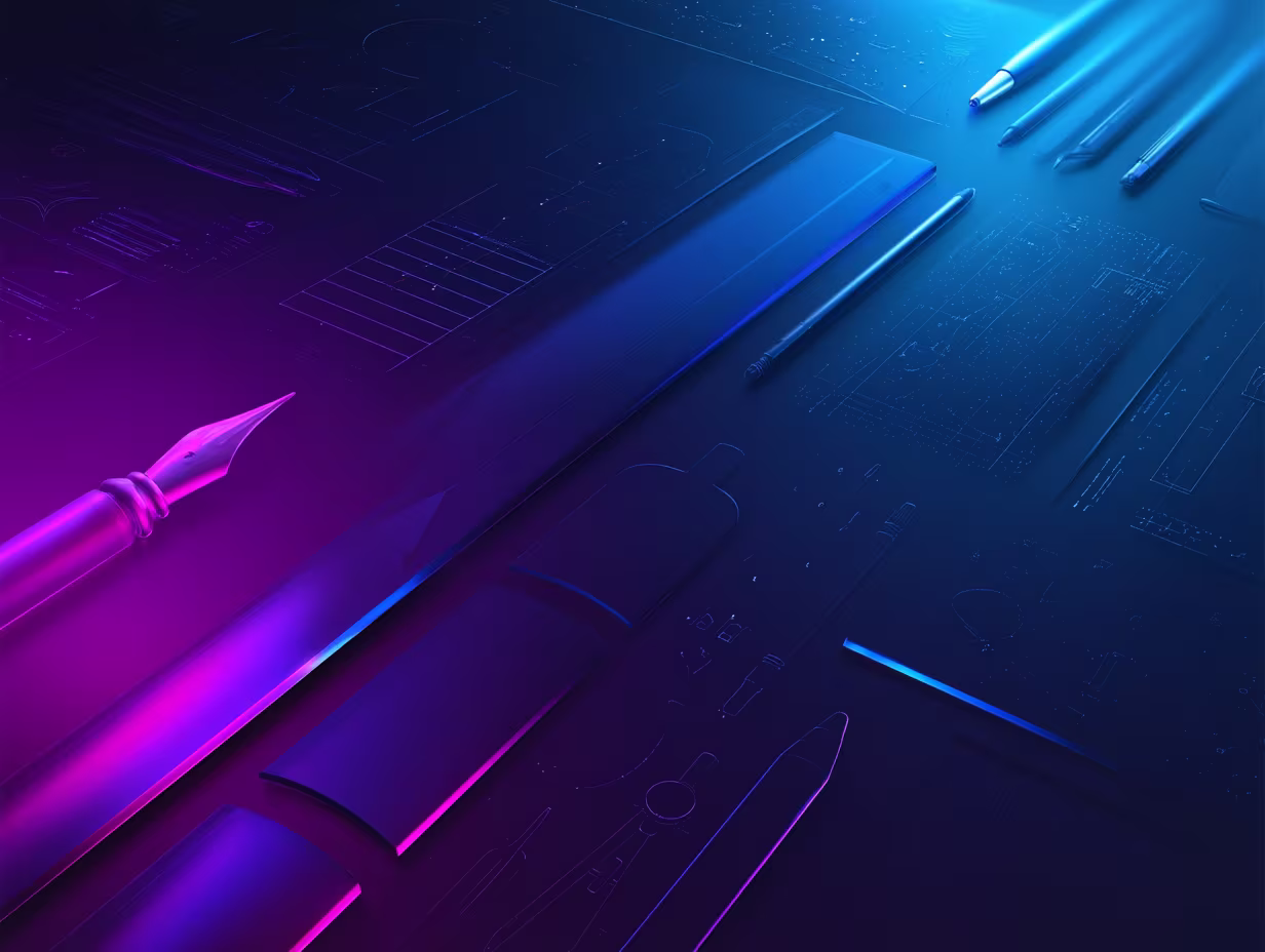 Stylized digital art of drafting tools including pens, a ruler, rolled paper, and architectural sketches in neon purple and blue lighting.