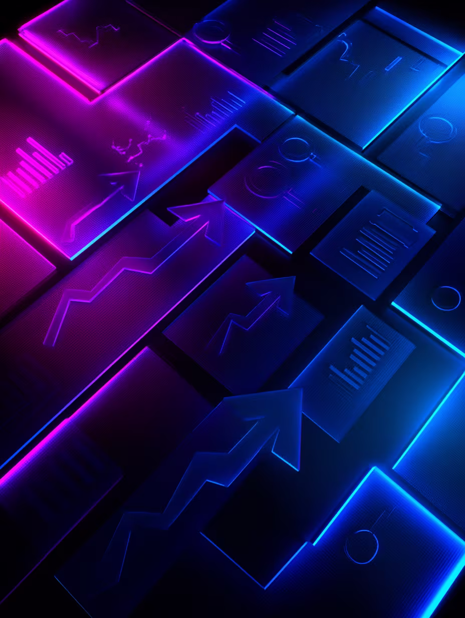 Abstract glowing tiles with upward trending arrow charts illuminated in pink and blue neon lights.