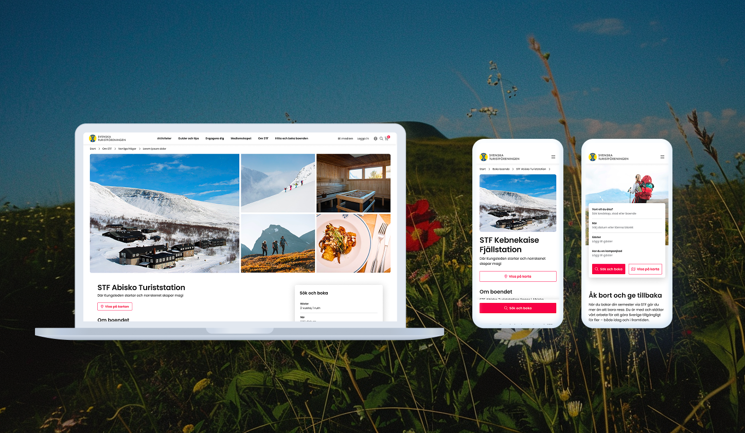 Digital mockup of tourism website showing STF Abisko Turiststation on laptop and STF Kebnekaise Fjällstation on smartphone screens with images of snowy mountains, hikers, a sauna, and a meal.