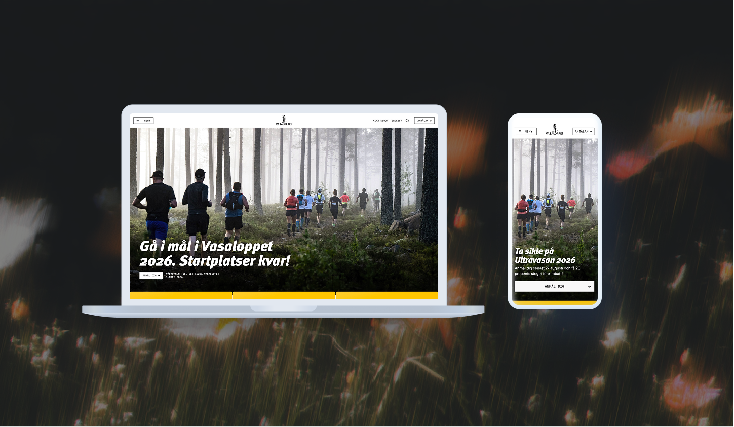 Screenshots of a website on laptop and smartphone showing runners in a misty forest promoting Vasaloppet 2026 with registration information.