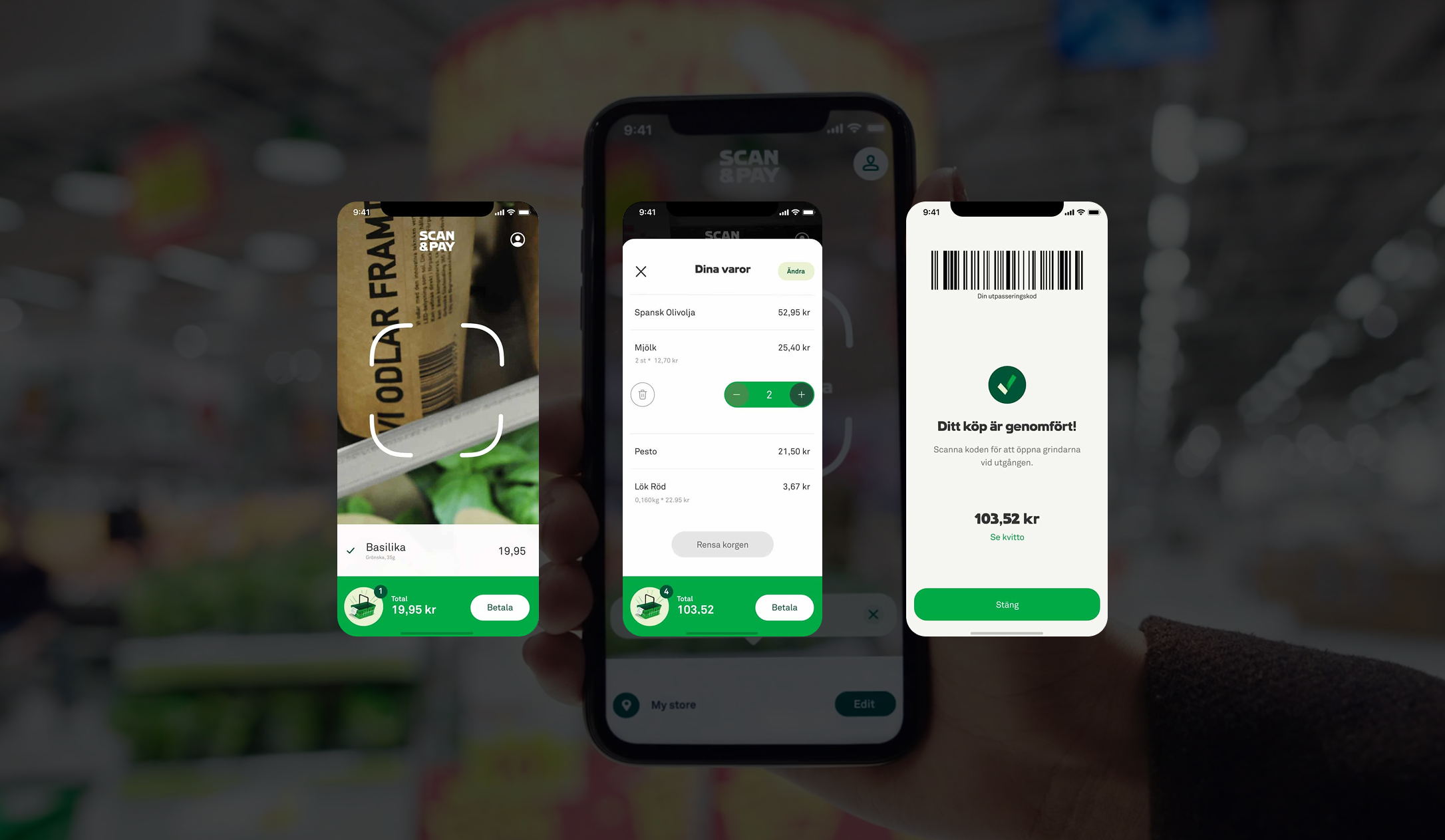 A hand holding a smartphone showing a grocery app with three screens: scanning an item, a shopping cart with items and prices, and a purchase confirmation with a barcode and total price.