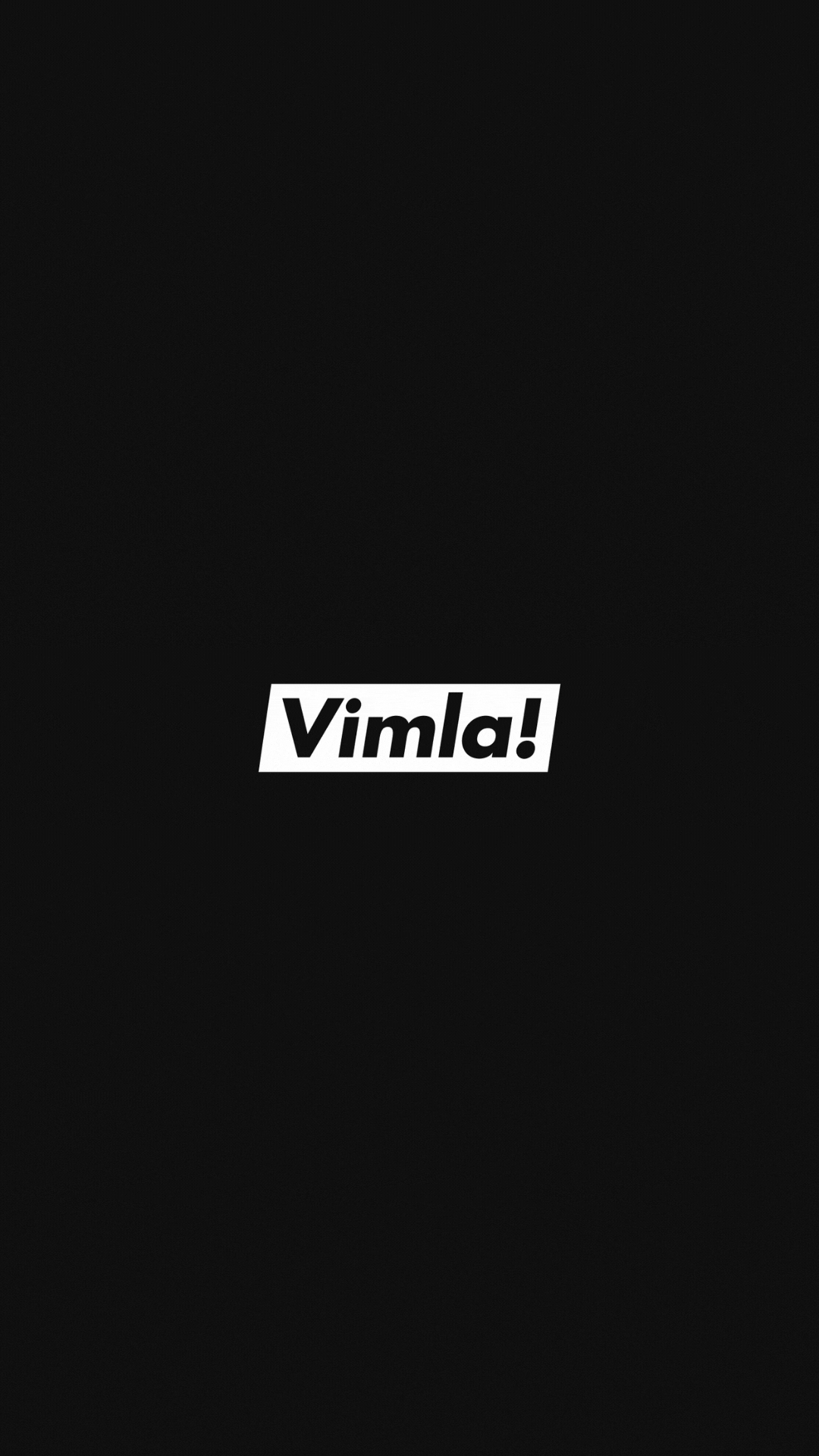 Vimla! brand name in bold black text on a white rectangular background centered on a black screen.