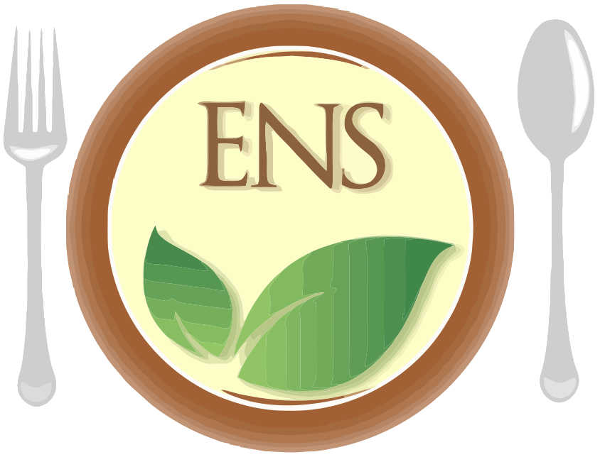 Yellow plate with brown rim displaying the word ENS and two green leaves, flanked by a black fork on the left and a black spoon on the right.